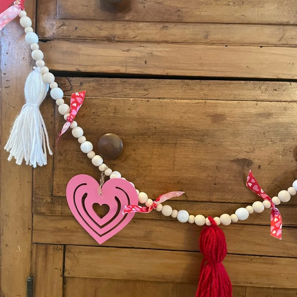Handmade Heart, Tassel, and Ribbon Garland with Pink, Red, and White 6 ft long